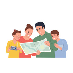 Family are planning vacation and studying the map for the journey. Vector cartoon flat style illustration