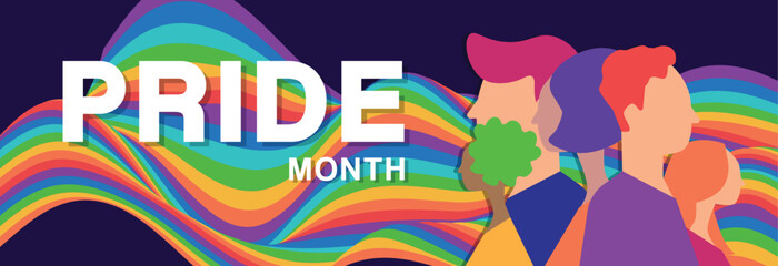 LGBT Pride Month banner. Rainbow wave shape color and people. Trendy backdrop for banner, poster, flyer, website