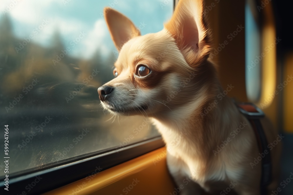 Poster a little puppy peering out the window of a moving car. generative ai