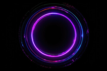 Neon glow. Round frame. Quantum portal. Defocused fluorescent purple color glitch light flare circle on dark black futuristic abstract illustration empty space background