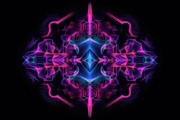 Neon glitch. Digital design. Futuristic kaleidoscope. Purple pink blue color UV light liquid crystal artifacts symmetrical pattern on dark black abstract illustration background