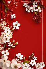 Fototapeta na wymiar Gift card flower border red background, spring floral frame with space. 