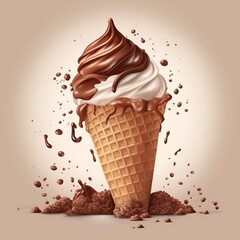 Gourmet summer: Chocolate ice cream cone with creamy topping and crunchy chocolate sprinkles. Generative AI,