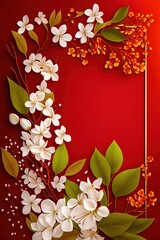 Gift card flower border red background, spring floral frame with space.
