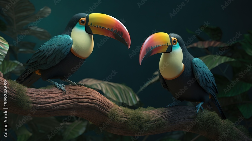 Poster there are two colorful birds perched on a limb of the tree. generative ai