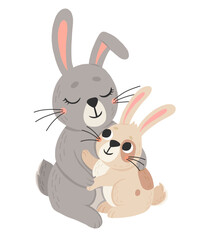 Icon of cute mommy and baby rabbit in cartoon style. Bunny pet silhouette. Hare mom and kid colorful illustration for childrens book, postcards and posters.
