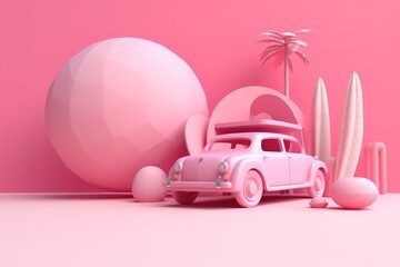3d rendering of car and inflatable flamingo, pink color background, minimal summer and travel concept, Retro style,