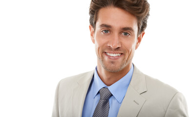 Rising young executive. Studio portrait of a handsome young businessman isolated on white.