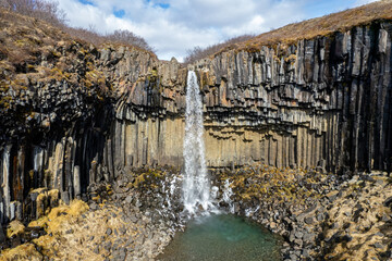 Aerial beautiful spring day view of Svartifoss waterfall, Iceland