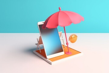 Blank screen mobile smart phone, beach umbrella and beach accessories
