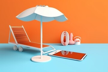 Blank screen mobile smart phone, beach umbrella and beach accessories