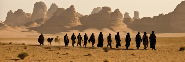 12 apostles are going to preach in the Judean desert. Men walk across a sandy landscape - obrazy, fototapety, plakaty