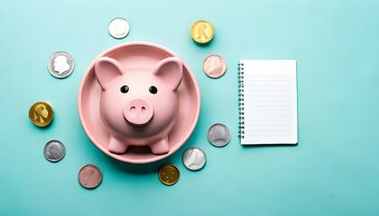 Money Management: Top View of Savings Items on Pastel Spring Background with Copy Space