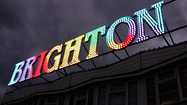 Brighton Illuminated Rainbow Sign Cloudy Day 1