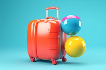 Suitcase with beach ball and swimming float stock photo
