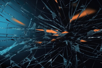 Broken overlay. Dust scratches texture. Damaged display noise. Blue orange white glow defect on dark black fractured distressed glass abstract background