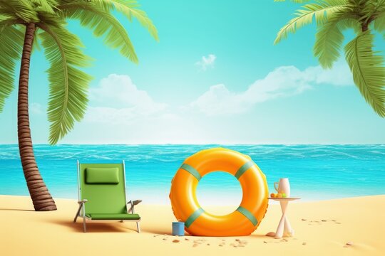 Summer beach holiday travel background palm tree with chair and inflatable ring on sand stock