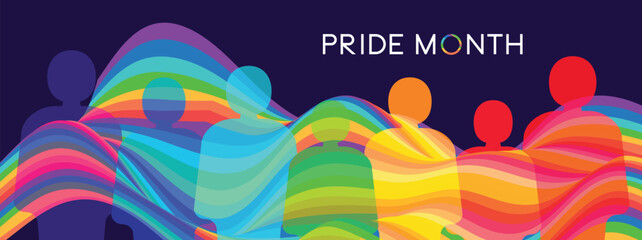 LGBT Pride Month banner. Rainbow wave shape color and people. Trendy backdrop for banner, poster, flyer, website - obrazy, fototapety, plakaty