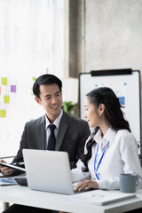 Obraz premium Business team present. professional investor working new start up project. tablet laptop computer with digital marketing media in the office.