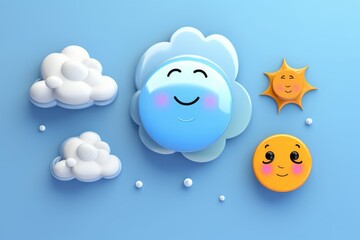 Vector sun and cloud on blue sky. Toy cartoonish realistic icon set. Carefully layered and grouped for easy editing