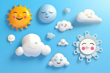 Vector sun and cloud on blue sky. Toy cartoonish realistic icon set. Carefully layered and grouped for easy editing