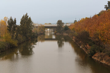 Fototapeta na wymiar Beautiful river during autumn in Merida, Spain.