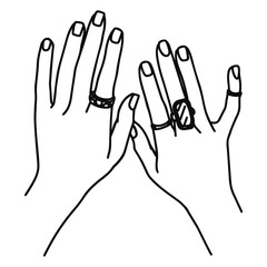 Hands with rings drawn in line art style. Vector illustration.