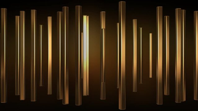 Beautiful luxury golden glossy square rod in multiple layers. random size pattern. rotation itself. reflect with glowing light. dark background. for award ceremony event. celebration,LED,4K