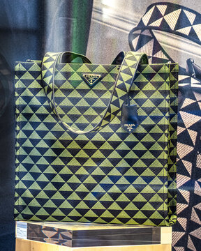 Prada Simbole two-tone shopping bag in black and green fabric.Milan - Italy,11 April 2023