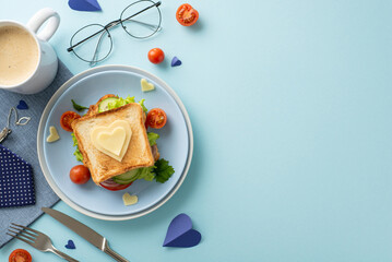 Give Dad a breakfast he deserves. Top view of a sandwich with veggies and heart shaped cheese, cutlery, coffee, napkin, tie, glasses, men's accessories, on pastel blue background with space for text