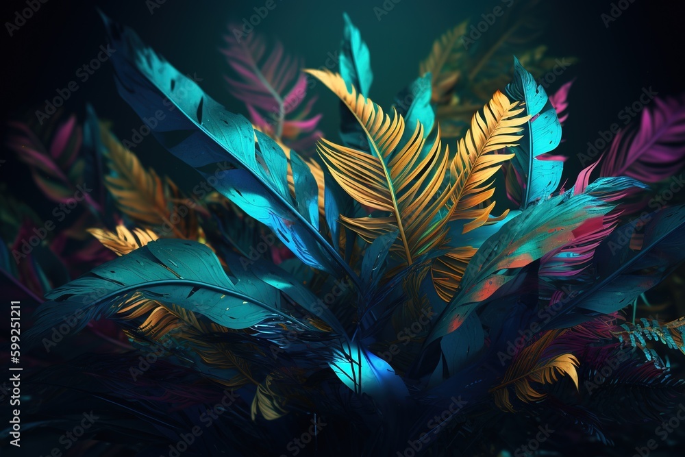 Poster a detailed view of a collection of brightly colored feathers generative ai