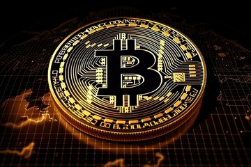 Fototapeta na wymiar Bitcoin coin on earth map background, cryptocurrency and bitcoin, Generative AI.