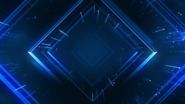 Beautiful 3D abstract blue digital geometric metallic square with glow particles trail and flying through dark space tunnel background.Digital Art. Modern background. motion design. Loopable. LED.4K