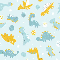Seamless pattern with cute dino and eggs. Blue scandinavian print with cute dinosaurs for baby boys.