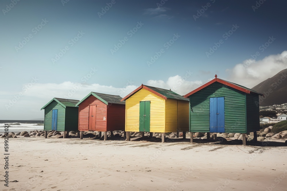 Poster a collection of brightly colored beach shacks lined up in a row on top of a sandy beach generative a