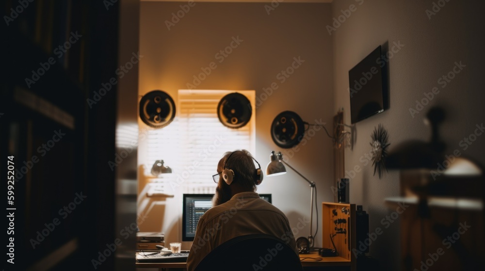 Poster a woman sitting at a desk in front of a computer. ai generative image. generative ai
