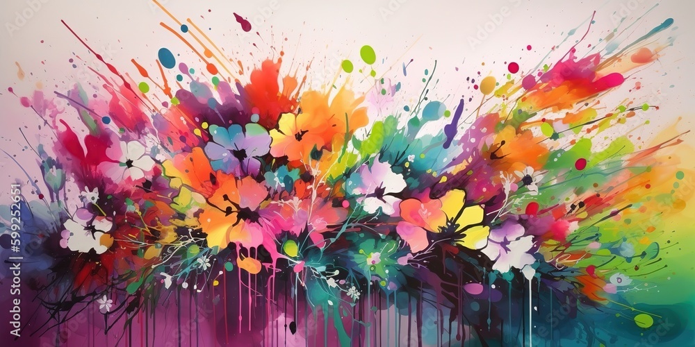 Poster a picture of splattered paint in various colors on a white backdrop generative ai