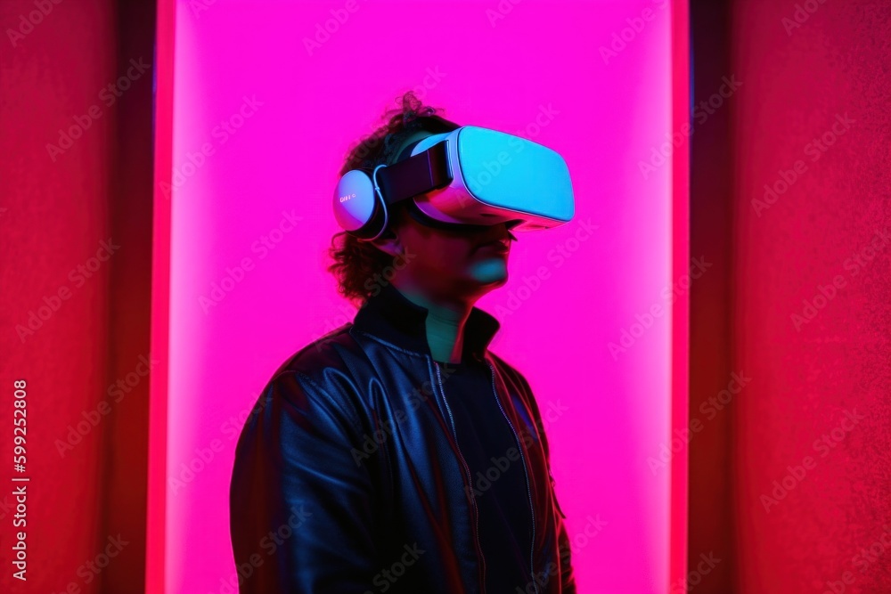 Poster a man wearing a virtual reality headset in front of a red wall. ai generative image. generative ai