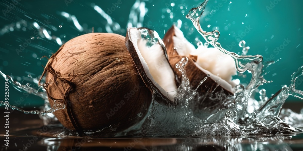 Poster an up-close and personal look at a coconut floating in the water generative ai