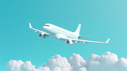 Fototapeta na wymiar Airplane with cloud on pastel blue background. Travel concept. Generative AI