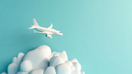 Airplane with cloud on pastel blue background. Travel concept. Generative AI