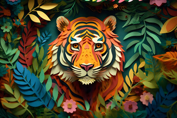 Tiger papercraft. Tiger in papercut style. Colorful tiger