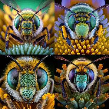 Bee face close up with pollen x 4