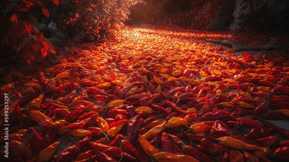 Aufkleber a significant number of red and yellow peppers scattered throughout the ground generative ai