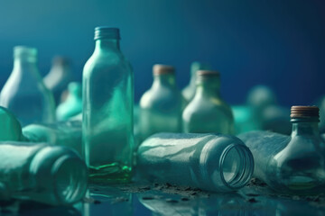 Obraz na płótnie Canvas Ocean pollution. Plastic reuse. Waste management. Environmental contamination. Wet clean empty creased bottles pile on blur teal green blue background