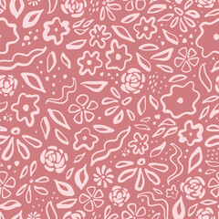 retro seamless pattern with sketched floral elements on pink background. Good for prints, wallpaper, nursery textile, scrapbooking, stationary, wrapping paper. EPS 10
