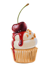 Watercolor cupcake with Cherry Illustration Transparent background Png