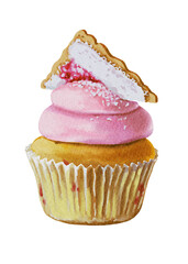 Watercolor pink cupcake with cookie and jam Illustration Transparent background Png