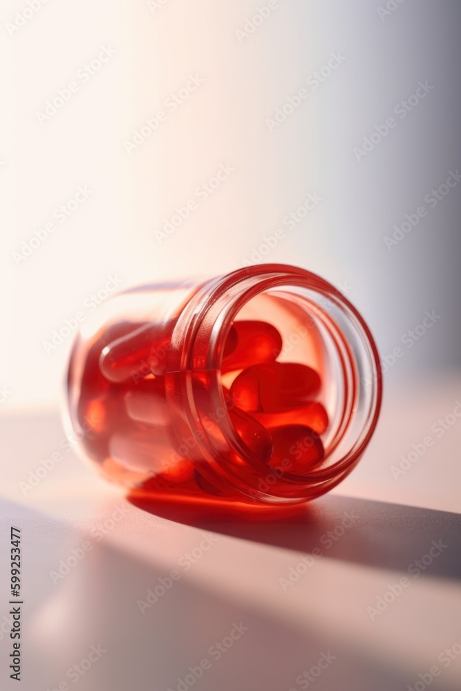 Aufkleber a bottle filled with red pills sitting on top of a table. ai generative image. generative ai