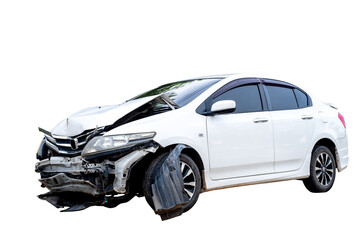 Front and side of white car get damaged by accident on the road. damaged cars after collision....